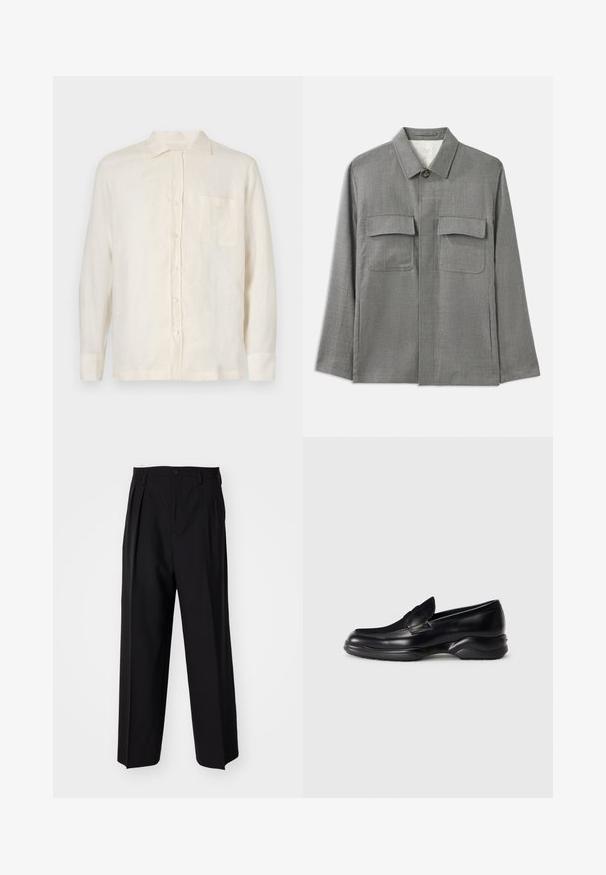Harmaa mittatilaustyönä valmistettu takki, joka on valmistettu teksturoidusta kankaasta. Siinä on napitus, kärjellinen kaulus ja kaksi rintataskua. Klassinen suora leikkaus.; Vaalean kermanvärinen pellavapaita, jossa on nappisuljenta, pitkät hihat ja rintatasku. Ominaisuuksina klassinen kaulus ja kevyt materiaali.; Mustat laskostetut housut, joissa on suora, leveä lahje. Valmistettu sileästä kankaasta, jossa on nappisuljenta ja vyölenkit.; Musta nahkakengät, joissa on matala, teksturoidulla kumipohjalla ja päälliosassa ommeltu muotoilu. Varustettu pyöreällä nenällä ja minimaalista koristelua.