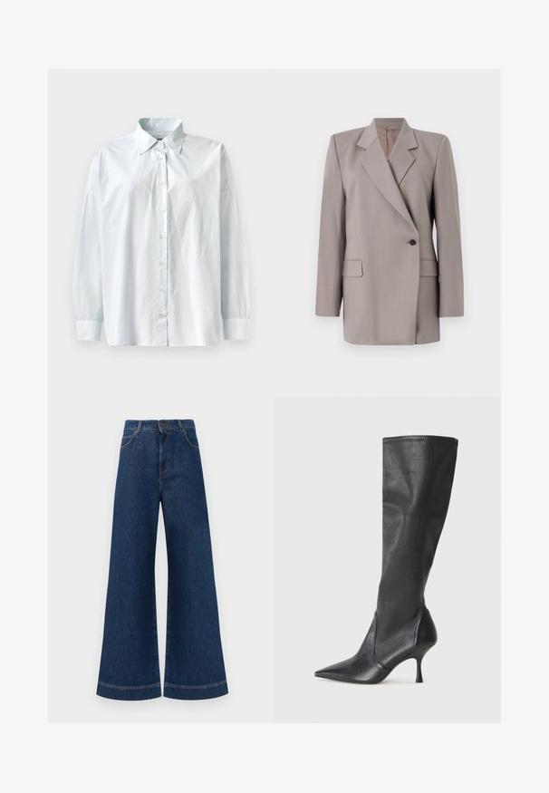 Tiger of Sweden ELIWIRAA - Blazer - mole; Lichtblauw overhemd met knopen, voorzien van een klassieke kraag, lange mouwen en een relaxte pasvorm. Gemaakt van een gladde stof met een lichte glans.; Brede blauwe denimjeans met een hoge taille, voorzien van een knoopsluiting, riemlussen en subtiele stikdetails langs de zakken en zoom.; Kniehoge zwarte leren laarzen met een spitse neus en een slanke stilettohak. Glad textuur met een aansluitend ontwerp en stiksels aan de bovenrand.