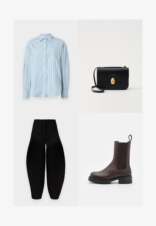 Tiger of Sweden ELIWIRAA - Bleiser - mole; Helesin sinine pikkade varrukatega särk, millel on vertikaalsed rohelised triibud, nööpidega eesosa ja kontrastsete triibuliste mansettidega. Sile kangas, klassikaline krae disain.; Mustad vööga laiad püksid, millel on pleeritud esikülg ja kitsenevad pahkluud. Valmistatud siledast kangast mattpinnaga.; Pruun nahast pahkluu saapad, millel on elastsed külgpaneelid, tõmbeaas ja jäme tallaga, millel on mustrimuster. Sile viimistlus ja tugev disain.; Must kase nahast käekott, millel on struktureeritud ristkülikukujuline kuju. Omab kuldset ovaalset lukku ja õhukest õlavarre rihma. Sile tekstuur.