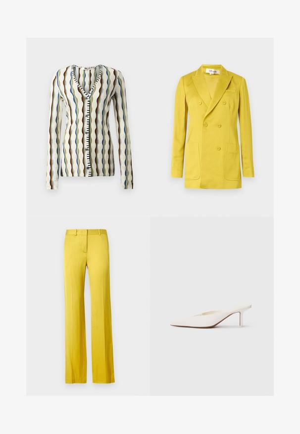 Dobbeltknappet blazer i skriggul, lavet af glat stof, med hakkede revers, to forlommer og en enkelt brystlomme.; Strikket cardigan med V-hals, der har bølgemønstre i brun, blå og grøn. Knappet front med sort og hvid accent. Lange ærmer.; Mørkeblå ærmeløs top lavet af glat, strækbart stof. Har samlede sideløsninger og en rund kant for et tætsiddende look.; Langærmet rullekravetrøje i gennemsigtigt sort stof med et gentagende mønster af hvide kæder. Figursyet design med diskrete rynkedetaljer ved taljen.; Bukser med brede ben i lys gul, lavet af glat stof. Har en forlommer og en skræddersyet talje for et struktureret udseende.; Spids-tået hvid mule med en lav stilettohæl. Fremstillet af glat materiale med et minimalistisk design og diskret tan såldetalje.