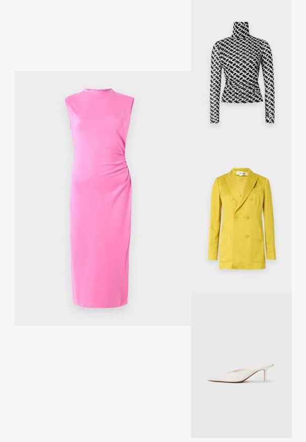 Dvoredni sako u jarko žutoj boji, izrađen od glatkog tkanog materijala, ima rever s urezanim okovratnikom, dva prednja džepa i jedan prsni džep.; Ružičasta midi haljina od mekog materijala. Bez rukava, s okruglim izrezom i suptilnim nabiranjem sa strane. Glatka tekstura, uski kroj.; Dugi rukav rolka top od prozirnog crnog materijala s ponavljajućim bijelim uzorkom lanca. Prilagođeni kroj s diskretnim naborima u području struka.; Bijele mule sa šiljastim vrhom i niskom stiletto petom. Napravljene su od glatkog materijala s minimalističkim dizajnom i suptilnim bež detaljem na potplatu.