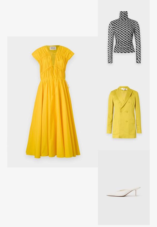 Kakskinnaline kollane bleiser, valmistatud siledast kangast, omadustega sälguga krae, kaks esmast taskut ja üks rinnatasku.; Kollane puuvillane midi-kleit lühikeste kapuutsikleidega, kogutud tekstuuriga kaeluses ja istuva taljega. Voogav seelik, millel on kokku tõmmatavad nöörid.; Pikkade varrukatega musta läbipaistva kangaga kõrge kaelusega pluus, millel on korduvvalge kettmustrite mustrid. Vooderdatud lõige, millel on talje piirkonnas peened kogumistega detailid.; Küünise otstega valge mool, madala stiletto kontsaga. Valmistatud siledast materjalist, minimalistlik disain ja peene pruunikas tallateen.