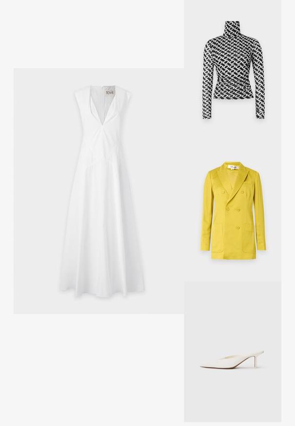 Kaksirivinen bleiseri kirkkaankeltaisessa värissä, valmistettu sileästä kankaasta, jossa on lovelliset kaulukset, kaksi etutaskua ja yksi rintatasku.; Valkoinen hihaton mekko syvällä V-muotoisella kaula-aukolla, vyötärösaumadetaileilla ja laskostetulla hameen designilla, valmistettu kevyestä kankaasta.; Pitkähihainen poolopaita ohuesta mustasta kankaasta, jossa toistuva valkoinen ketjukuvio. Istuva malli, jossa vyötäröllä hienovarainen poimutus.; Valkoiset, teräväkärkiset muulit matalalla stiletto-korolla. Valmistettu sileästä materiaalista, minimalistisella muotoilulla ja hienovaraisella ruskealla pohjadossilla.