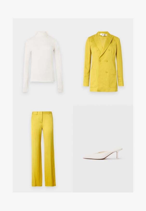 Blazer croisé jaune vif, fabriqué en tissu lisse, doté de revers à encoches, deux poches avant et une poche poitrine unique.; Top à col roulé à manches longues en blanc cassé, confectionné dans un tissu doux. Présente une coupe ajustée et un col montant. Texture lisse sans motifs.; Pantalon à jambes larges de couleur jaune vif, en tissu lisse. Comprend une poche frontale et une ceinture cintrée pour un look structuré.; Mule blanc à bout pointu avec un talon stiletto bas. Fabriqué en matériau lisse avec un design minimaliste et un subtil détail de semelle beige.