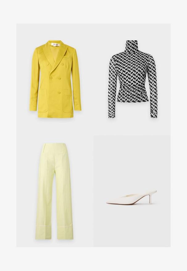 Double-breasted blazer in bright yellow, made from smooth fabric, features notched lapels, two front pockets, and a single chest pocket.; Long-sleeve turtleneck top in sheer black fabric with a repeating white chain pattern. Fitted design with subtle gathered detailing at the waist.; Wide-leg pants in pale yellow fabric with a smooth texture. Features a high waist and contrasting stitching along the hem.; Pointed-toe white mule with a low stiletto heel. Made of smooth material with a minimalist design and subtle tan sole detail.