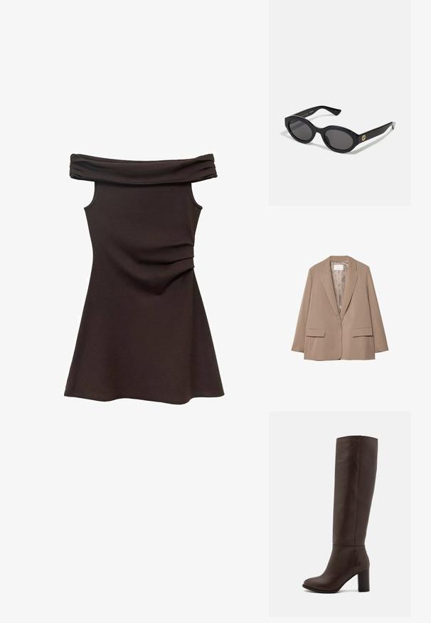 Béžový blazer s prúžkami a klopovým golierom, dvoma prednými vreckami a hladkým podšívkou. Obsahuje oblékaný strih a voľný strih.; Šaty zohnuté nad plecami v hnedej farbe s priliehavým korzetom, mäkkou tkaninou a zberaním v oblasti pása, ktoré sa rozširujú do sukne v štýle korčuliarskych šiat.; Hnedé kožené vysoké čižmy po kolená s blokovým podpätkom, hladkou textúrou, zaoblenou špičkou a minimom šitia.; Čierne oválne slnečné okuliare s tmavými sklami a lesklým plastovým rámom. Obsahujú zlaté logo na stráne, čo im dáva elegantný a moderný dizajn.