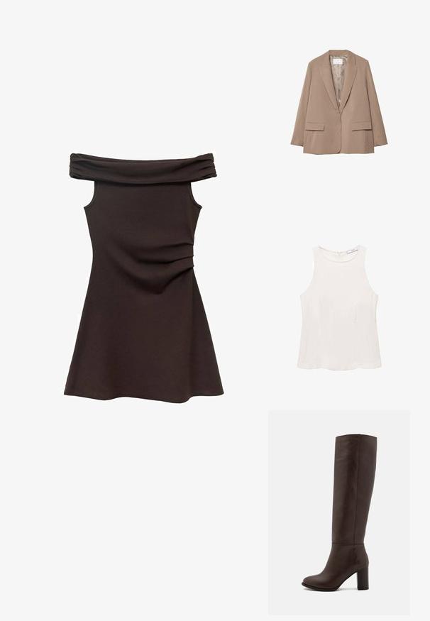 Beige pinstriped blazer with a notched lapel, two front pockets, and a smooth lining. Features tailored shape and relaxed fit.; Sleeveless cream top made from smooth fabric, featuring a round neckline, subtle seams, and a rear zip closure. Minimal design with no embellishments.; Off-the-shoulder brown dress with a fitted bodice, soft fabric, and gathered detailing at the waist, flaring out into a skater-style skirt.; Brown leather knee-high boot with a block heel, smooth texture, rounded toe, and minimal stitching details.; Brown suede handbag with two sturdy handles, a rectangular shape, and decorative strap detail across the front.