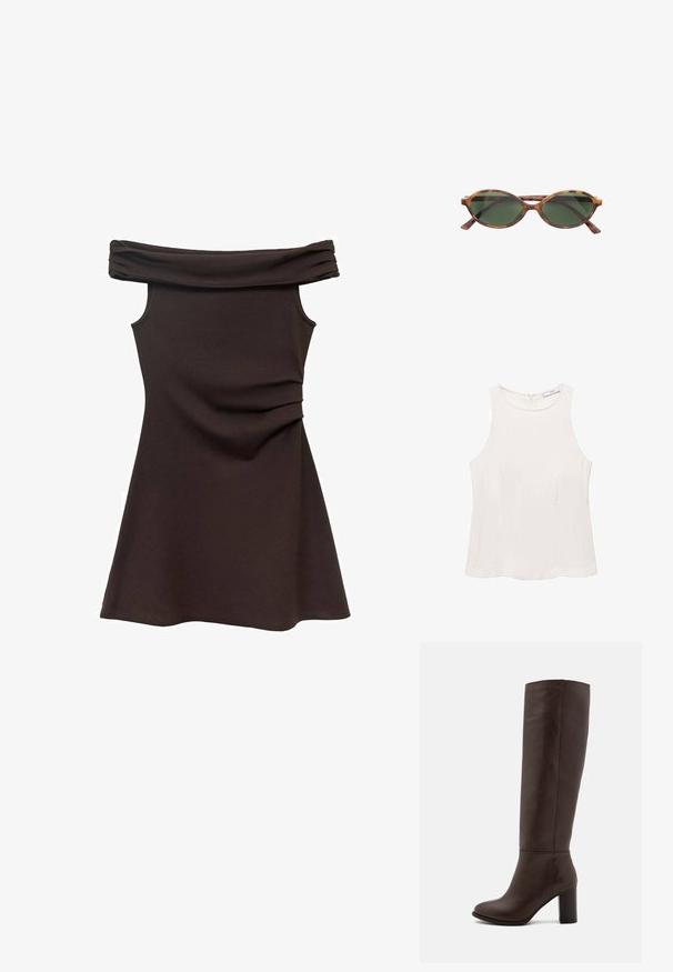 Beige gestreepte blazer met een geknipte revers, twee vozakken en een zachte voering. Heeft een getailleerde vorm en een relaxte pasvorm.; Mouwloos crèmekleurig topje gemaakt van een gladde stof, met een ronde halslijn, subtiele naden en een rits aan de achterkant. Minimalistisch ontwerp zonder versieringen.; Bruine off-the-shoulder jurk met een aansluitende bodice, zachte stof en geplooide details op de taille, die uitloopt in een rokje in skaterstijl.; Bruine leren kniehoog laars met een blokhak, gladde textuur, ronde neus en minimale stikseldetails.; Bruine schildpaddenstijl zonnebril met ovale lenzen en een donkergroene tint. Beschikt over dunne, rechte pootjes en subtiele branding op het frame.; Bruine suède handtas met twee stevige handvatten, een rechthoekige vorm en een decoratieve band over de voorkant.
