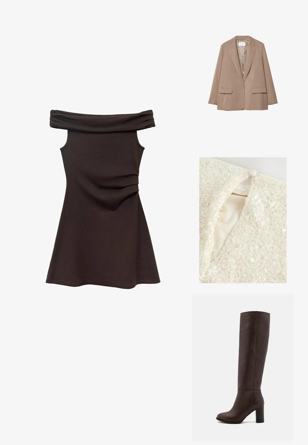 Blazer beige à rayures, avec un col à revers, deux poches avant et une doublure lisse. Présente une coupe ajustée et une coupe décontractée.; Vêtement beige avec un embellissement de sequins détaillé, doté d'une fermeture à boutons et d'une doublure intérieure lisse. La texture est brillante et réfléchissante.; Robe marron décolletée, avec un corsage ajusté, en tissu doux, et des détails froncés à la taille, s'évasant en une jupe style patineuse.; Botte en cuir marron à hauteur de genou avec un talon large, texture lisse, bout arrondi et détails de couture minimaux.