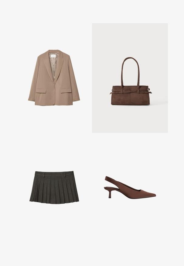Blazer beige a righe con rever a punta, due tasche anteriori e una fodera liscia. Presenta una forma sartoriale e una vestibilità rilassata.; Top bianco a maniche lunghe con scollo a barco. Realizzato in materiale morbido, presenta maniche a campana e un orlo dritto, offrendo un design semplice e versatile.; Gonna plissettata grigio scuro con sottili righe verticali bianche e passanti per cintura su sfondo bianco.; Scarpa con tacco a sacca marrone con punta affusolata, texture liscia, tacco slanciato di altezza media e design minimalista.; Borsetta in suede marrone con due manici robusti, forma rettangolare e dettaglio decorativo con cinturino sulla parte anteriore.
