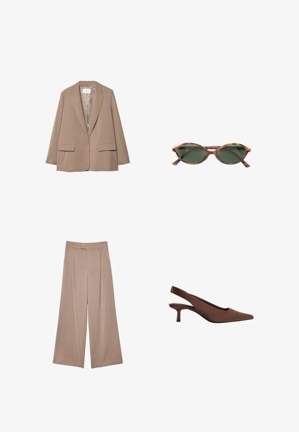 Beige blazer med prikker, med sildesalgsprint, med en let v-formet krave, to frontlommer og en glat foring. Har skræddersyet pasform og afslappet fit.; Hvid langærmet top med bådudskæring. Lavet af blødt materiale, harflammende ærmer og en lige kant, hvilket giver et enkelt og alsidigt design.; Beige brede bukser med lodrette striber, høj talje og en glat tekstur med skræddersyet design og ren finish.; Brun slingback hæl sko med spids tå, glat overflade, slank mellemhøj hæl og minimalistisk design.; Brune skildpadde-soluvar med ovale linser og mørkegrønne nuancer. Har tynde, lige stænger og subtil branding på stellet.