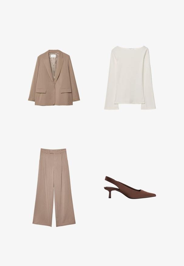 Beige gestreifter Blazer mit Reverskragen, zwei Vorderaschen und glatter Fütterung. Hat eine taillierte Form und lockere Passform.; Cremefarbenes Langarmshirt mit weitem Ausschnitt und ausgestellten Ärmeln. Glatter, leichter Stoff. Einfaches, minimalistisches Design ohne Verzierungen.; Beige, weit geschnittene Hose aus strukturiertem Stoff mit vertikalen Nadelstreifen. Verfügt über einen flachen Bund vorne und keine sichtbaren Verschlüsse.; Braune Slingback-High-Heels mit spitzer Zehe, glatter Textur, schlankem Absatz in mittlerer Höhe und minimalistischen Design.