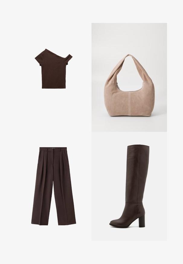 Beige blazer med prikker, med sildesalgsprint, med en let v-formet krave, to frontlommer og en glat foring. Har skræddersyet pasform og afslappet fit.; Brun tekstureret top med korte ærmer og asymmetrisk halsudskæring, lavet af et blødt materiale, med et subtilt krøllet design.; Brune vide bukser lavet af tekstureret stof, med frontfolder, sidelommer og et klassisk taljebånddesign.; Brun læderknæhøj støvle med en blokhæl, glat tekstur, rund tå og minimale syninger.; Hobo taske lavet af blødt, suede materiale i en lys beige farve. Har en rund form med en bred rem og lynlås lukning.