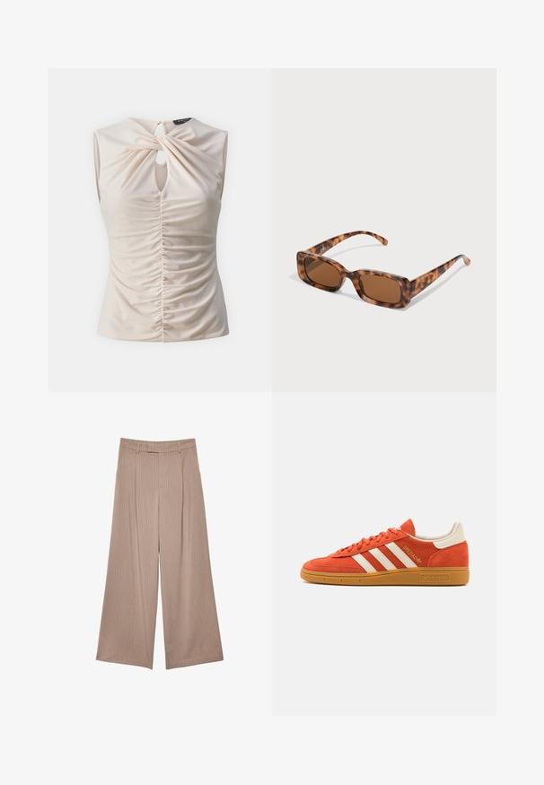 Bež blazer s prugicami in izrezanim reverjem, dvema sprednjima žepoma in gladko podlogo. Ima obliko krojenega in sproščenega kroja.; Kremna brezrokavnik s podrobnostjo v obliki ključavnico, zvit sprednji del in zbran teksturiran videz po telesu, izdelan iz gladkega, lahkega materiala.; Bež hlače širokih nogavic z vertikalnimi črtami, visokim pasom in gladko teksturo, s krojem, ki je natančno oblikovan in ima čist zaključek.; Oranžni semiš tenisači z belimi usnjenimi detajli, z značilnimi tremi belimi črtami in gumijastim podplatom. "Spezial" logotip na jeziku.; Želve sunčane naočale s pravokutnim smešnim lećama, debelim okvirom i tankim ručkama s uzorkom različitih nijansi smeđe boje.