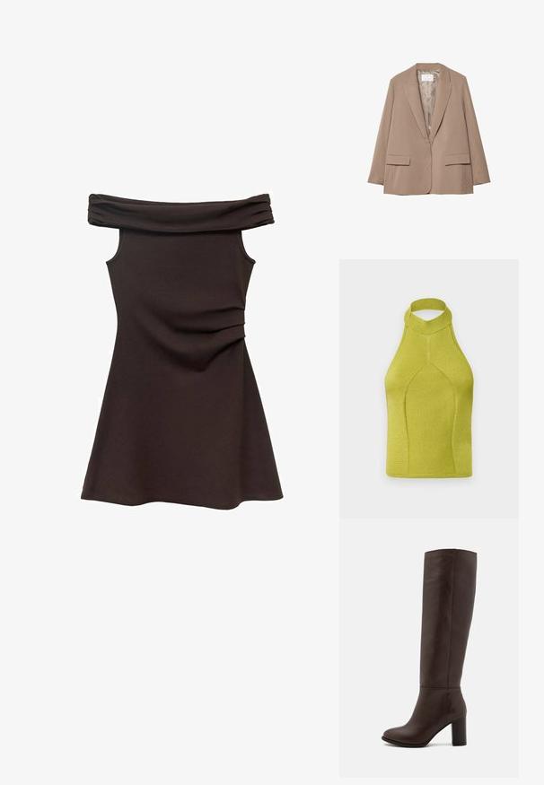 Blazer beige a righe con rever a punta, due tasche anteriori e una fodera liscia. Presenta una forma sartoriale e una vestibilità rilassata.; Top halter in maglia di un vivace verde lime, con colletto alto, design senza cuciture e texture a coste, adatto per l'abbigliamento sportivo.; Abito marrone con spalle scoperte, dal corpino aderente, in morbido tessuto e con dettagli arricciati in vita, che si espande in una gonna stile skater.; Stivale in pelle marrone al ginocchio con tacco a blocco, texture liscia, punta arrotondata e dettagli di cucitura minimi.; Borsetta in suede marrone con due manici robusti, forma rettangolare e dettaglio decorativo con cinturino sulla parte anteriore.