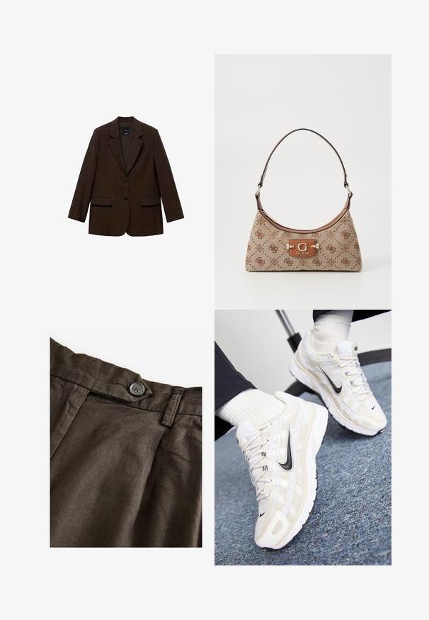 Brown blazer with a structured design, two front pockets, two buttons, and notched lapels. Made from textured fabric.; White short-sleeve t-shirt with a round neckline, made of cotton material, featuring a fitted silhouette and a black brand label inside the collar.; Brown linen trousers featuring a button closure, pleats at the front, and a textured fabric. The waistband is structured with visible stitching.; White and beige Nike sneakers featuring a mesh upper, textured overlay, black swoosh, and a cushioned sole with a gripped outsole.; Tote bag in beige fabric with brown patterned accents. Features a curved shape, single strap, and a logo plaque in front with silver hardware.