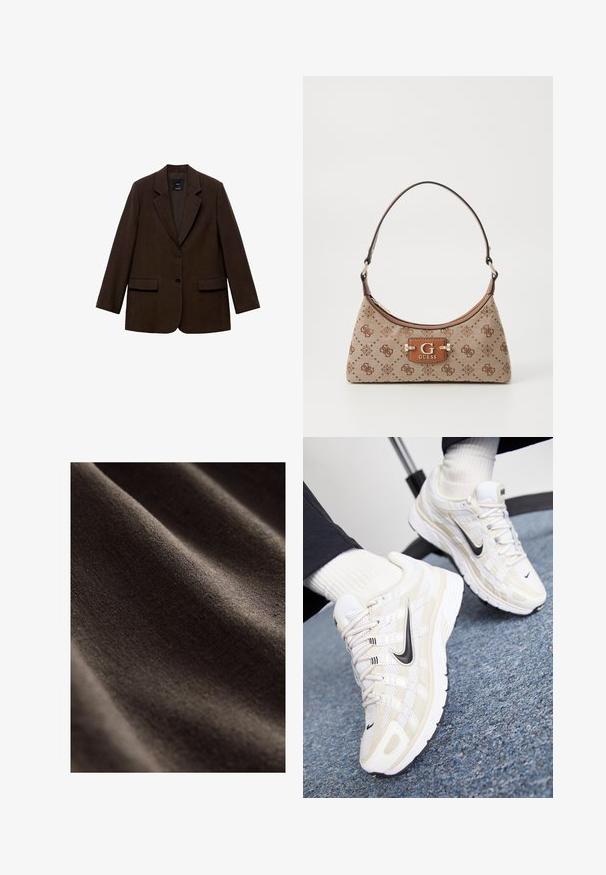 Brązowa marynarka o strukturalnym fasonie, z dwiema przednimi kieszeniami, dwoma guzikami oraz wyciętymi klapami. Wykonana z teksturowanej tkaniny.; Biała koszulka z krótkim rękawem, okrągłym dekoltem, wykonana z materiału bawełnianego, charakteryzująca się dopasowaną sylwetką oraz czarną metką marki wewnątrz kołnierza.; Ciemnobrązowy materiał o gładkiej, teksturowanej powierzchni, z subtelnymi zmarszczkami i miękkim, matowym wykończeniem. Idealny do różnych zastosowań tekstylnych.; Białe i beżowe sneakersy Nike z siateczkową cholewką, teksturowanym pokryciem, czarnym logo Swoosh oraz amortyzowaną podeszwą z bieżnikiem.; Torba tote w beżowym materiale z brązowymi wzorzystymi akcentami. Posiada zakrzywiony kształt, pojedynczy pasek oraz plakietkę z logo z przodu z srebrnymi elementami.