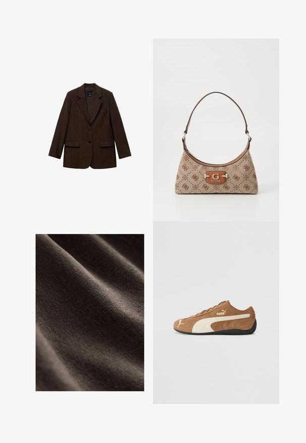 Brun blazer med en struktureret design, to frontlommer, to knapper og skåret klapkrave. Lavet af tekstureret stof.; Hvid kortærmet t-shirt med rund halsudskæring, fremstillet af bomuldsstof, med en tætsiddende silhuet og et sort mærke indeni kraven.; Mørkebrun stof med en glat, struktureret overflade, der har subtile rynker og et blødt, mat udseende. Ideel til forskellige tekstilapplikationer.; Brune ruskind lav-top sneakers med creme accenter, tekstureret overflade, sort gummisål og broderet logo på siden og tungen.; Tote bag i beige stof med brune mønstrede detaljer. Har en buet form, enkelt strop og et logo-plakette foran med sølvhardware.