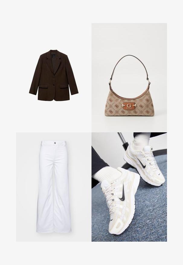 Brun blazer med en struktureret design, to frontlommer, to knapper og skåret klapkrave. Lavet af tekstureret stof.; Hvid kortærmet t-shirt med rund halsudskæring, fremstillet af bomuldsstof, med en tætsiddende silhuet og et sort mærke indeni kraven.; Hvide bredde benbukser lavet af denim, med knaplukning og bæltestropper. Glat tekstur med ren syning og uden mønstre.; Hvide og beige Nike sneakers med en mesh-overdel, tekstureret overflade, sort swoosh og en polstret sål med en skridsikker ydersål.; Tote bag i beige stof med brune mønstrede detaljer. Har en buet form, enkelt strop og et logo-plakette foran med sølvhardware.