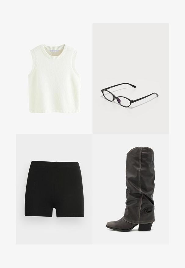 Brown blazer with a structured design, two front pockets, two buttons, and notched lapels. Made from textured fabric.; White sleeveless sweater made of soft, textured fabric. Features a ribbed round neckline and armholes, with a clean, simple design.; Black cotton shorts with a fitted design and elastic waistband. Smooth texture, mid-thigh length, and no visible patterns or accents.; Gray leather calf-high boots with a slouchy design, pointed toe, and stacked heel. Notable stitching detail on the toe area.; Black plastic eyeglasses with an oval shape, featuring clear lenses and one purple accent on the left lens. Sleek, minimal design.