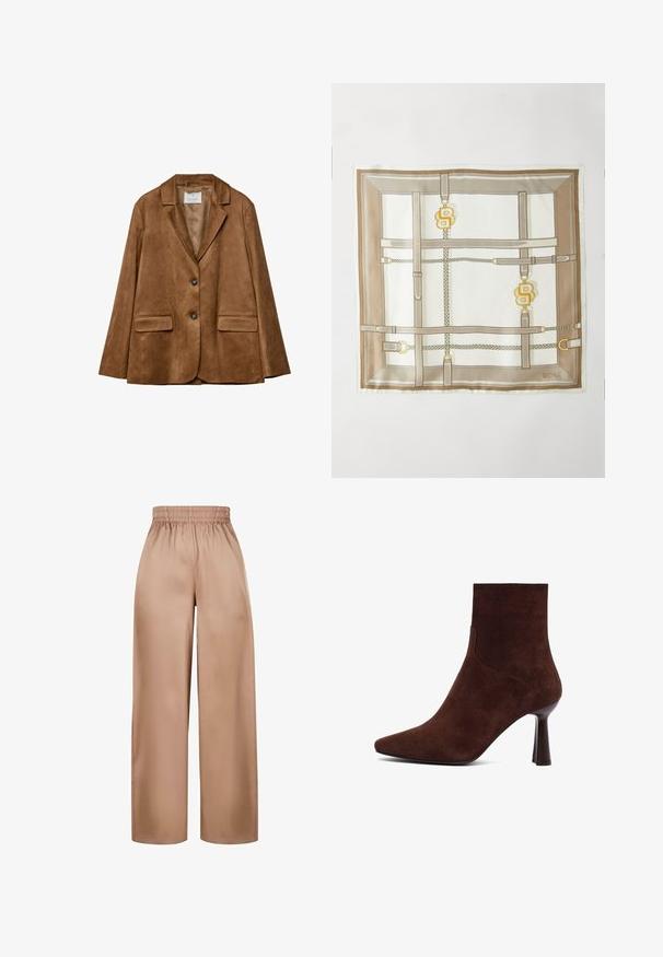 Braune Wildlederjacke mit zwei vorderen Taschen, Reverskragen und Zwei-Knopf-Verschluss. Glatte Textur und strukturierte Form.; Ärmelloser beiger Strick-Turtleneck-Sweater mit geripptem Kragen, Armausschnitten und Saum vor einem weißen Hintergrund.; Weit geschnittene, hellbraune Hosen aus glattem Stoff mit einem elastischen Bund. Sie verfügen über ein einfaches Design ohne zusätzliche Verzierungen.; Braune Wildleder-Ankle-Boots mit spitzem Zehenbereich, enganliegendem Design und schlankem hohen Absatz, die sich durch klare Linien und eine glatte Textur auszeichnen.; Seidenschal mit einem tanfarbenen und weißen geometrischen Design, das Gürtel- und Kettenmuster sowie goldfarbene Akzente aufweist. Logo "BOSS" in der Ecke.; Braune Leder-Schultertasche mit geschwungenem Design, ausgestattet mit zwei flachen Trageriemen und einem goldenen Logo-Highlight. Glatte Textur mit minimalem Metallzubehör.