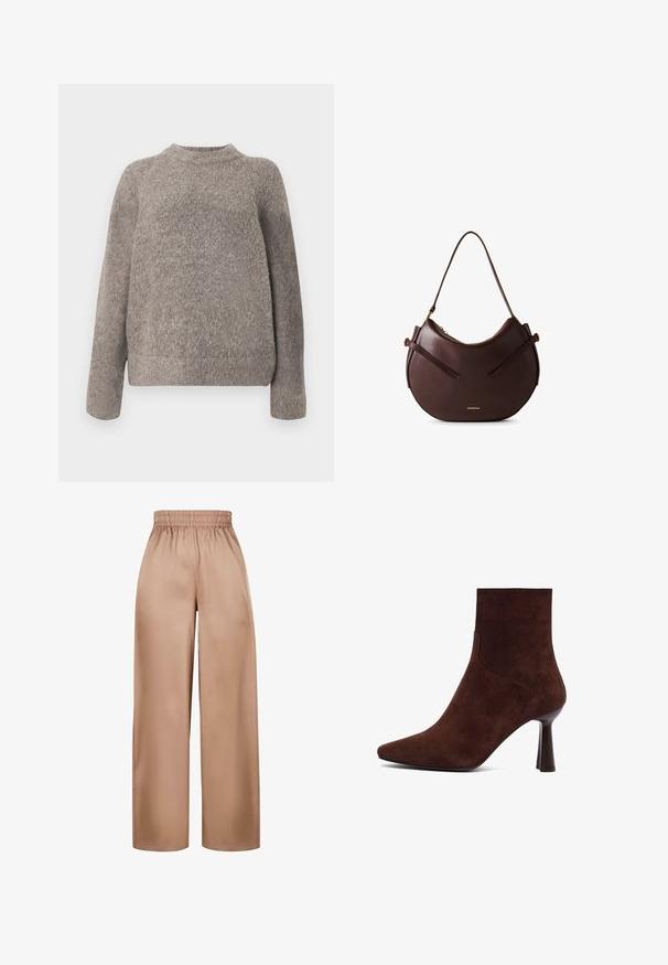 Blazer en suède marron avec deux poches avant, revers en notch et fermeture à deux boutons. Texture lisse et forme structurée.; Pull gris texturé avec un col rond et des manches longues, présentant une coupe ample et un tissu en maille douce. Aucun motif ou accent visible.; Pantalons à jambes larges, de couleur marron clair, fabriqués dans un tissu lisse avec une taille élastique, présentant un design simple sans embellissements supplémentaires.; Bottine en daim marron avec un bout pointu, un design ajusté et un talon haut fin, présentant des lignes épurées et une texture lisse.; Sac à épaule en cuir marron au design arrondi, avec deux sangles plates et un logo en accent doré. Texture lisse avec un matériel minimal.