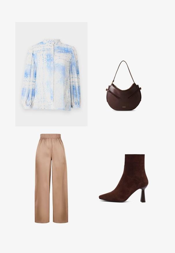 Blazer in suede marrone con due tasche frontali, rever a giornata e chiusura a due bottoni. Texture liscia e forma strutturata.; Blusa leggera con fantasia in blu e crema, colletto alto, chiusura con bottoni e maniche lunghe a sbuffo. Presenta dettagli floreali.; Pantaloni a gamba larga, di colore marrone chiaro, realizzati in tessuto morbido con una cintura elastica, caratterizzati da un design semplice e senza ulteriori adornamenti.; Stivale alla caviglia in suede marrone con punta affusolata, design aderente e tacco alto e sottile, caratterizzato da linee pulite e texture liscia.; Borsa a spalla in pelle marrone con un design curvo, dotata di due fasce piatte e un logo dorato. Texture liscia con minimo utilizzo di metallo.