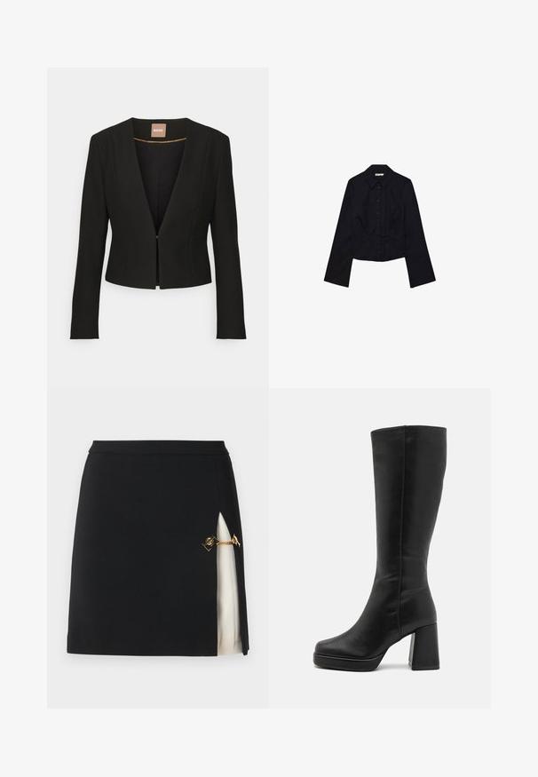 Blazer cropped nero con scollatura a V profonda, maniche lunghe e un solo gancio frontale. Realizzato in un tessuto liscio e resistente con una leggera lucentezza.; Camicetta nera cropped con maniche lunghe, collo a camicia e chiusura con bottoni. Realizzata in tessuto morbido, presenta un design aderente e dettagli minimali.; Mini gonna nera con spacco laterale che rivela un sottogonna color crema, dotata di hardware in catena dorata e una texture di tessuto liscia e seta.; Anna Field Stivali con i tacchi - black