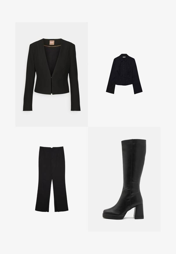 Blazer noir court avec un décolleté en V profond, des manches longues et une seule fermeture à l'avant. Fabriqué à partir d'un tissu lisse et robuste avec un léger éclat.; Chemisier noir court avec de longues manches, col à revers et fermeture à boutons. Fabriqué en tissu doux, il présente une coupe ajustée et un design minimaliste.; Pantalon noir avec une coupe droite, doté de poches avant et d'éclairs sur l'ourlet. Fabriqué en tissu doux et lisse. Convient à diverses occasions.; Anna Field Bottes à talons hauts - black