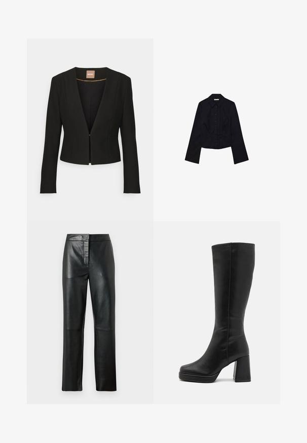 Schwarze, verkürzte Jacke mit tiefem V-Ausschnitt, langen Ärmeln und einem einzelnen vorderen Verschluss. Hergestellt aus einem glatten, robusten Stoff mit einem dezenten Glanz.; Schwarzes, kurzes Oberteil mit langen Ärmeln, Kragen und Knopfleiste. Hergestellt aus glattem Stoff, mit tailliertem Design und minimalen Details.; Schwarze Lederhosen mit glatter Textur, gerader Passform, vorderem Knopfverschluss und minimalen Nahtdetails.; Anna Field High Heel Stiefel - black
