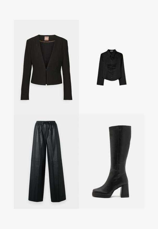 Black cropped blazer with a deep V-neck, long sleeves, and a single front clasp. Made from a smooth, sturdy fabric with a subtle sheen.; Black long-sleeve shirt made from smooth fabric, featuring a pointed collar, front button closure, and a cropped hem with side slits.; Black leather wide-leg pants with an elastic waistband, drawstring detail, and smooth texture. Features seam accents on the front.; Anna Field High heeled boots - black