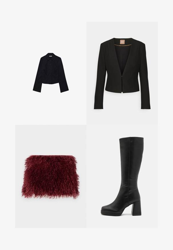 Black cropped blazer with a deep V-neck, long sleeves, and a single front clasp. Made from a smooth, sturdy fabric with a subtle sheen.; Black cropped shirt with long sleeves, collared neck, and button-down front. Made of smooth fabric, featuring fitted design and minimal detailing.; Burgundy fur clutch with a textured, shaggy surface and an rectangular shape, featuring soft, long fibers throughout.; Anna Field High heeled boots - black