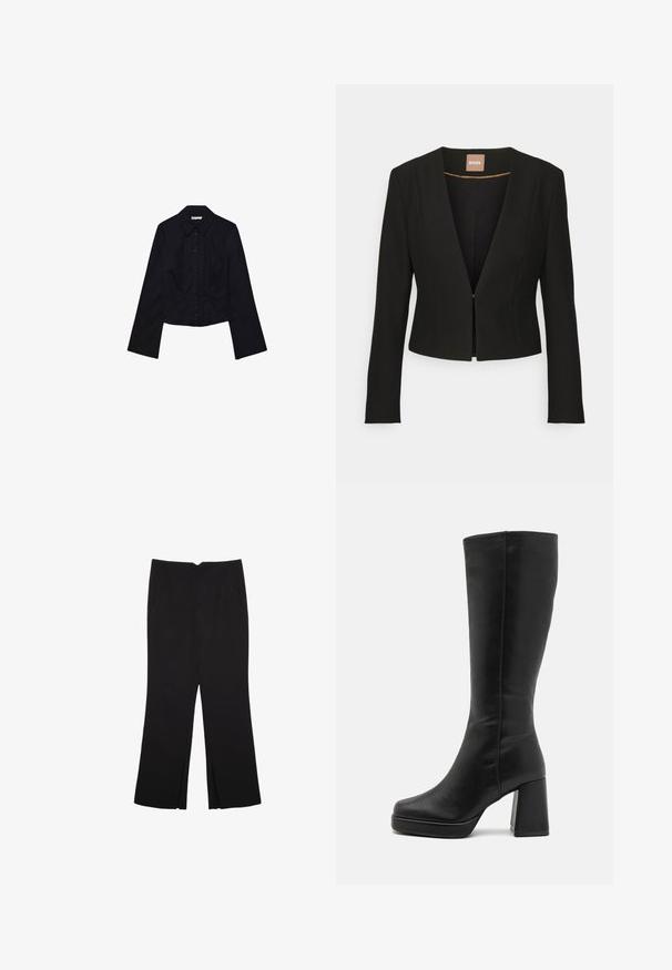 Schwarze, verkürzte Jacke mit tiefem V-Ausschnitt, langen Ärmeln und einem einzelnen vorderen Verschluss. Hergestellt aus einem glatten, robusten Stoff mit einem dezenten Glanz.; Schwarzes, kurzes Oberteil mit langen Ärmeln, Kragen und Knopfleiste. Hergestellt aus glattem Stoff, mit tailliertem Design und minimalen Details.; Schwarze Hose mit geradem Schnitt, ausgestattet mit Fronttaschen und Seitenschlitzen am Saum. Hergestellt aus weichem, glattem Stoff. Geeignet für verschiedene Anlässe.; Anna Field High Heel Stiefel - black