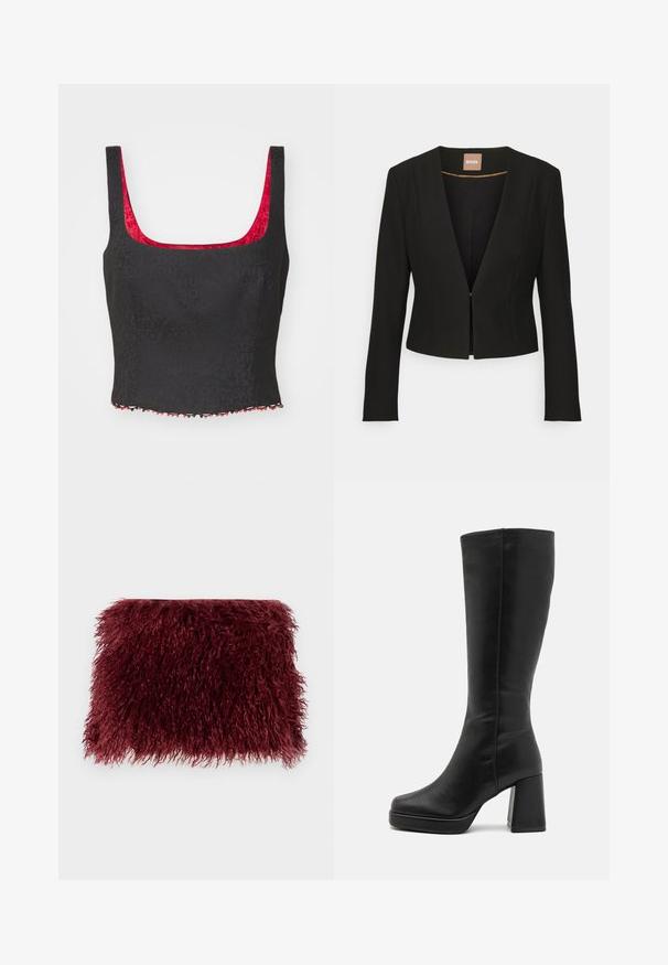 Černý zkrácený blejzr s hlubokým výstřihem do V, dlouhými rukávy a jedním předním zapínáním. Vyroben z hladkého, pevného materiálu s jemným leskem.; Černý crop top s texturovaným vzorem, čtvercovým výstřihem a červeným obložením. Obsahuje dekorační lem s korálky v černé a červené barvě.; Burgundské kožešinové psaníčko s texturovaným, chlupatým povrchem a obdélníkovým tvarem, které má měkké, dlouhé vlákna po celém povrchu.; Anna Field Kozačky na vysokém podpatku - black