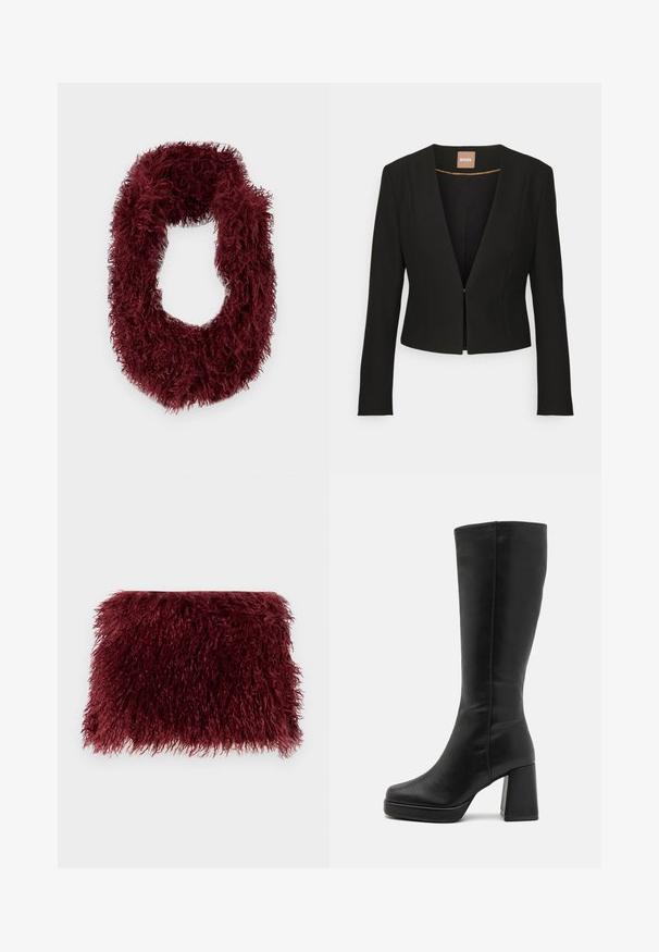 Černý zkrácený blejzr s hlubokým výstřihem do V, dlouhými rukávy a jedním předním zapínáním. Vyroben z hladkého, pevného materiálu s jemným leskem.; Burgundská huňatá šála do nekonečna vyrobená z měkké tkaniny s texturovaným, chlupatým vzhledem. Kulatý tvar bez viditelného kování.; Burgundské kožešinové psaníčko s texturovaným, chlupatým povrchem a obdélníkovým tvarem, které má měkké, dlouhé vlákna po celém povrchu.; Anna Field Kozačky na vysokém podpatku - black