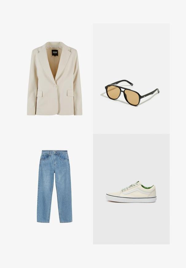 Svetlo bež blazer s pripasovanjem, z izrezanim ovratnikom, zapenjanjem na en gumb, dvema sprednjima žepoma in gladko teksturo. Notranjost vsebuje oznako blagovne znamke.; Črna prevelika puli majica iz mehkega pletenega materiala, z rebrastim ovratnikom in manšetami, sproščenega kroja in brez okrasnih elementov.; Svetlo modri traper hlače s ravnim krojem, visokim pasom, dvema sprednjima žepoma in klasičnim gumbom za zapiranje. Rahlo zbledene in brez okrasnih elementov.; Bež platneni nizki superge z zelenimi poudarki, belim gumijastim podplatom in vzorčastimi vezalkami. Imajo zasnovo stranskega traku.; Črne sončne očala z rjavim odtenkom leč; pravokotna oblika s širokim okvirjem, vključno z diskretno kovinsko dekoracijo na obeh strani.; Črna torbica iz umetnega usnja z edinstveno obliko polmeseča, širokim, oblazinjenim ročajem in zadrgo. Gladka, sijoča tekstura, minimalističen dizajn.