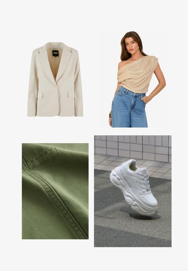 Vaalean beige räätälöity bleiseri, jossa on lovikaulus, yksi nappilukko, kaksi etutaskua ja sileä pinta. Sisäpuolella on brändilogo.; Beige, off-shoulder toppi, jossa on roikkuvaa kangasta ja hieno kiilto; yhdistetty korkeavyötäröisiin, vaaleanpesuun denim-farkkuihin. Sileä rakenne, rento istuvuus.; Next Farkkushortsit - khaki green; Valkoinen nahkakengät, joissa on paksu pohja, teksturoitu yksityiskohta ja nauhakiinnitys. Varustettu muotoilluilla yksityiskohdilla ja sileällä pinnalla.