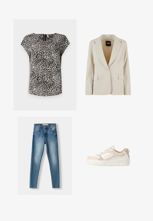 Helle beige maßgeschneiderte Blazerjacke mit Reverskragen, einem Knopfverschluss, zwei Vorderaschen und glatter Textur. Das Innere enthält das Markenetikett.; Schwarzes und weißes Kurzarmoberteil mit einem strukturierten, abstrakten Muster, rundem Ausschnitt und einem dezenten Reißverschlussdetail auf der Rückseite.; Blaue Damen-Skinny-Jeans aus Denim mit fünf Taschen, einem Reißverschluss und einem abgetragenen Aussehen, das durch leichtes Ausbleichen an der Vorderseite und markante Nähte geprägt ist.; Beige und weiße Sneaker mit einem glatten Lederoberteil, perforierter Zehe, Schnürdesign, strukturierten Akzenten und einer robusten Gummisohle.