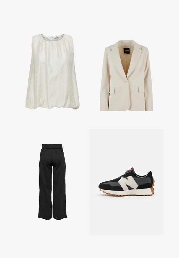 Világos bézs szabott blézer, uzsonnás hajtókával, egygombos zárással, két elülső zsebbel és sima textúrával. A belső részén márkás címke található.; Ujjatlan fehér blúz, diszkrét textúrájú mintával, kerek nyakkivágással és ráncolt derékkal a laza szabás érdekében.; Fekete, bővülő szárú nadrág, elasztikus derékkal, sima anyagból készült. Tiszta dizájn jellemzi, zsebek és látható varrási részletek nélkül.; Fekete és szürke velúr sportcipő nagy krémszínű "N" logóval, lila fűzőkkel és texturált gumi talppal.