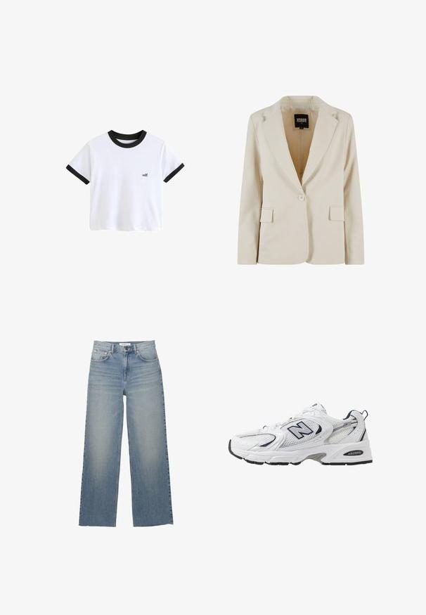 Jasno beżowa marynarka dopasowana z klapami notch, z pojedynczym zapięciem na guzik, dwoma przednimi kieszeniami i gładką teksturą. Wewnątrz umieszczona metka z logo marki.; Biała koszulka z krótkim rękawem z czarnym ściągaczem przy kołnierzyku i mankietach. Na przodzie posiada małe logo z tekstem "self.".; Jasnoniebieskie jeansy o szerokich nogawkach, wykonane z dżinsu, z wysokim stanem, kieszeniami z przodu i zapięciem na guzik. Gładka tekstura z wyblakłymi miejscami.; Białe sportowe buty z siateczkową cholewką, granatowymi akcentami i wyściełaną podeszwą. Posiadają logo "N", sznurówki oraz teksturowany detal po boku.