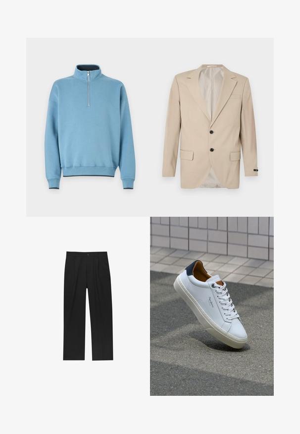 Bežový blazer s dvojitým uzáverom, klopovými reverzami, prednými vreckami a jedným vreckom na hrudi. Hladká tkanina s priliehavým strihom.; Svetlo modrá mikina s vysokým golierom, polovičným zipsom na prednej strane a rebrovanými manžetami. Mäkký materiál, voľný strih a kontrastné tmavé detaily na leme.; Čierne nohavice s rovnými nohavicami, vyrobené z hladkej tkaniny. Majú predné puky a jediné gombíkové zapínanie v páse.; Biele kožené tenisky s námorníckym opätkom, okrúhlou špičkou a kontrastnými hnedými akcentami. Majú ploché šnúrky a textúrovanú gumovú podrážku.