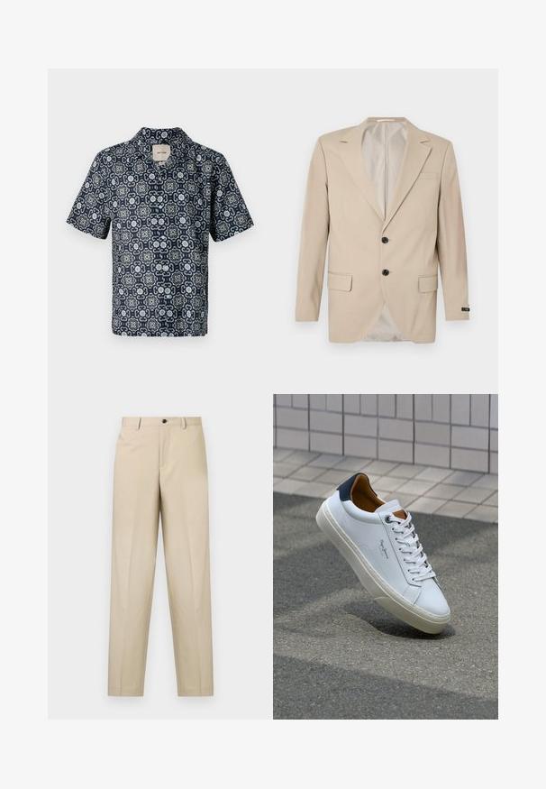 Blazer beige con cierre de dos botones, solapas con muesca, bolsillos delanteros y un bolsillo en el pecho. Tejido suave con un corte ajustado.; Camisa de manga corta en navy con intricado patrón floral en blanco y azul claro, hecha de tela suave, con cuello de muesca.; Pantalones beige hechos de una tela ligera, con un diseño de pierna recta, un pliegue frontal sencillo y un cierre de botón en la cintura.; Zapatilla de cuero blanca con talón en azul marino, punta redonda y acentos en marrón a contraste. Presenta cordones planos y suela de goma texturizada.