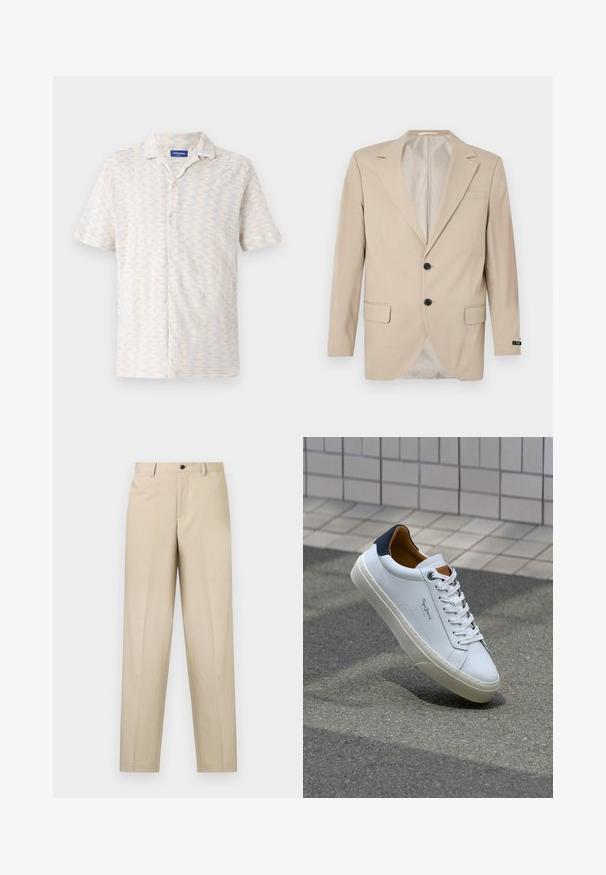 Blazer beige con chiusura a due bottoni, rever a notched, tasche frontali e taschino sul petto. Tessuto liscio con vestibilità sartoriale.; Camicia a maniche corte con bottoni in colori chiari, caratterizzata da un motivo a zigzag, colletto e cinque bottoni frontali. Realizzata in tessuto traspirante.; Pantaloni beige realizzati in tessuto leggero, con un design a gamba dritta, una piega frontale singola e una chiusura a bottone in vita.; Sneaker bianca in pelle con tallone blu, punta rotonda e accenti marroni a contrasto. Presenta lacci piatti e suola in gomma testurizzata.