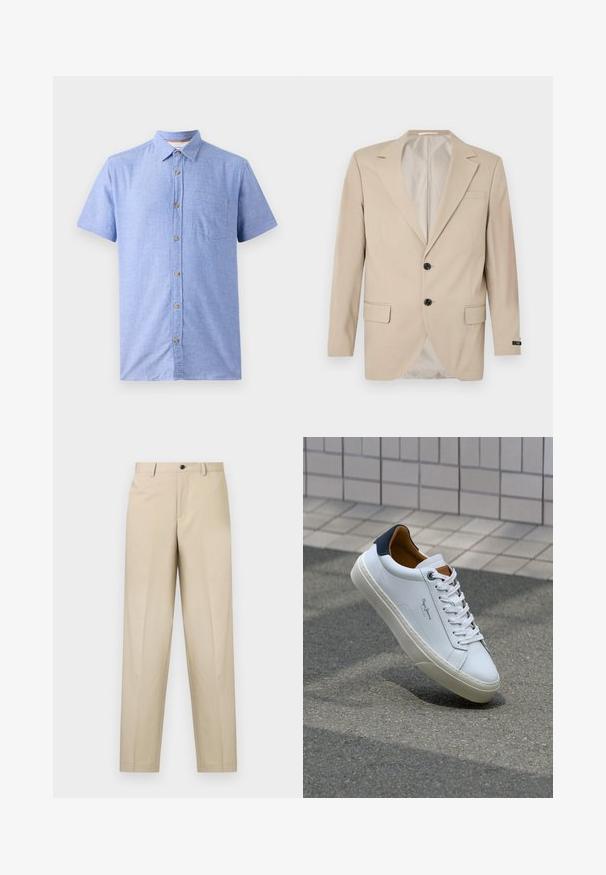 Bežinė blazer'io striukė su dviem mygtukais, iškirptais atlapais, priekinėmis kišenėmis ir viena krūtinės kišene. Glotnus audinys su pritaikytu siluetu.; Šviesiai mėlynos spalvos trumpomis rankovėmis marškiniai, pagaminti iš languoto audinio, su mygtukų užsegimu priekyje ir krūtine kišenę.; Šviesiai rudos spalvos, pagamintos iš lengvos medžiagos kelnės su tiesiomis kojomis, vienu priekinio raukšlės dizainu ir mygtukiniu užsegimu juosmens srityje.; Balti odiniai sportbačiai su mėlynu kulnu, apvalia nosimi ir kontrastingais rudais akcentais. Aptakios raišteliai ir tekstūruota guma.