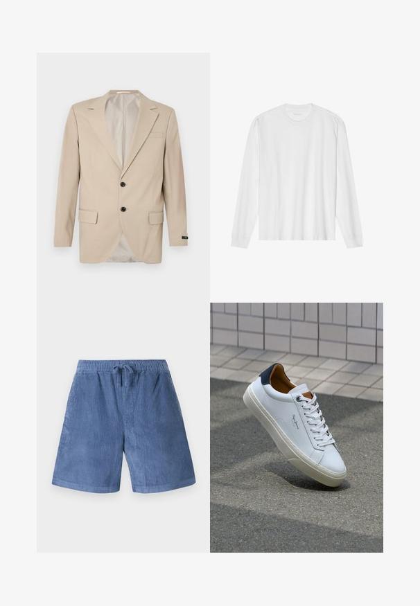 Bežový blazer s dvojitým uzáverom, klopovými reverzami, prednými vreckami a jedným vreckom na hrudi. Hladká tkanina s priliehavým strihom.; Dlhý rukáv, biela bavlnená tričko s okrúhlym výstrihom a rebrovanými manžetami. Jednoduchý, bezvýzdobový dizajn s hladkou textúrou a štandardným strihom.; Modré kordové šortky s elastickým pásom a šnúrkou na stiahnutie. Obsahujú vertikálnu ribovanú textúru a strih rovného nohavice.; Biele kožené tenisky s námorníckym opätkom, okrúhlou špičkou a kontrastnými hnedými akcentami. Majú ploché šnúrky a textúrovanú gumovú podrážku.