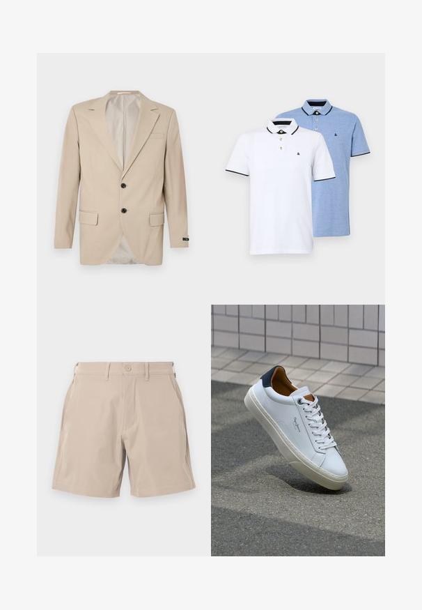 Bež blazer s dvostrukim kopčanjem, s izrezanim reverima, prednjim džepovima i jednim džepom na prsima. Glatka tkanina s krojenim krojem.; Dvije polo majice: jedna bijela s crnim akcentima, a druga svijetloplava heather. Svaka ima ovratnik i plaket s dva gumba s logotipom.; Svijetlosmeđi šortsevi izrađeni od lagane tkanine, s četiri džepa i zatvaranjem na dugme, glatke teksture i ravnog kroja.; Bijela kožna tenisica s mornarskom petom, okruglim vrhom i kontrastnim smešnim akcentima. Sadrži ravne vezice i teksturiranu gumenu potplat.