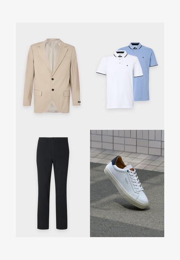 Blazer beige con cierre de dos botones, solapas con muesca, bolsillos delanteros y un bolsillo en el pecho. Tejido suave con un corte ajustado.; Dos camisas polo: una blanca con detalles negros y la otra azul claro jaspeado. Cada una cuenta con un cuello y una tapeta de dos botones con el logotipo.; Pantalones rectos negros, hechos de tejido suave. Cuentan con un cierre frontal de botón, pasadores para cinturón y dos bolsillos laterales.; Zapatilla de cuero blanca con talón en azul marino, punta redonda y acentos en marrón a contraste. Presenta cordones planos y suela de goma texturizada.