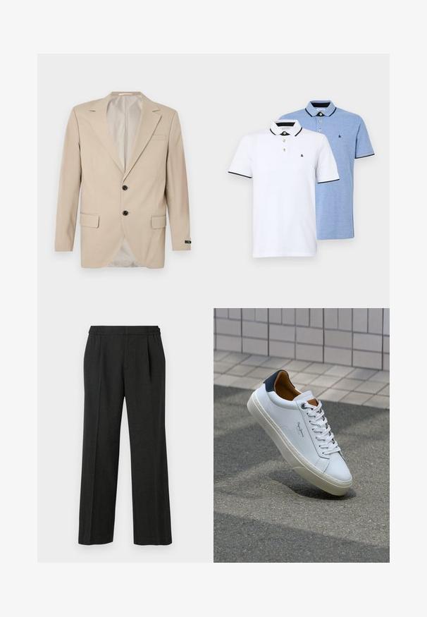 Blazer beige con chiusura a due bottoni, rever a notched, tasche frontali e taschino sul petto. Tessuto liscio con vestibilità sartoriale.; Due polo shirt: uno bianco con dettagli neri, l'altro in blu chiaro melange. Ognuno presenta un colletto e una chiusura a due bottoni con logo.; Pantaloni neri a gamba larga con vita elastica, davanti plissettato e texture liscia. Nessun motivo visibile o dettagli hardware.; Sneaker bianca in pelle con tallone blu, punta rotonda e accenti marroni a contrasto. Presenta lacci piatti e suola in gomma testurizzata.