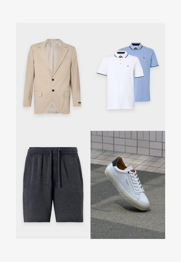 Beżowa marynarka z zapięciem na dwa guziki, wykrojonymi klapami, przednimi kieszeniami oraz pojedynczą kieszenią na piersi. Gładki materiał o dopasowanym kroju.; Dwie koszulki polo: jedna biała z czarnymi akcentami, druga w jasnoniebieskim melanżu. Każda z nich ma kołnierzyk oraz zapięcie na dwa guziki z logo.; Ciemnoszare szorty wykonane z teksturowanej tkaniny, z elastycznym pasem z troczkiem i bocznymi kieszeniami.; Białe skórzane trampki z granatowym piętkiem, okrągłym noskiem i kontrastowymi brązowymi akcentami. Posiadają płaskie sznurówki i teksturowaną gumową podeszwę.