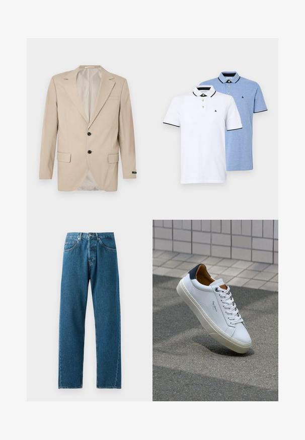 Blazer beige con cierre de dos botones, solapas con muesca, bolsillos delanteros y un bolsillo en el pecho. Tejido suave con un corte ajustado.; Dos camisas polo: una blanca con detalles negros y la otra azul claro jaspeado. Cada una cuenta con un cuello y una tapeta de dos botones con el logotipo.; Jeans de mezclilla azul con un diseño de pierna recta, cinco bolsillos y pasadores para cinturón. La tela tiene una textura sutil y zonas desvaídas en los bolsillos.; Zapatilla de cuero blanca con talón en azul marino, punta redonda y acentos en marrón a contraste. Presenta cordones planos y suela de goma texturizada.